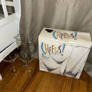 Vintage rare, unique, cheers glass pitcher stirrer with martini glasses  looks s